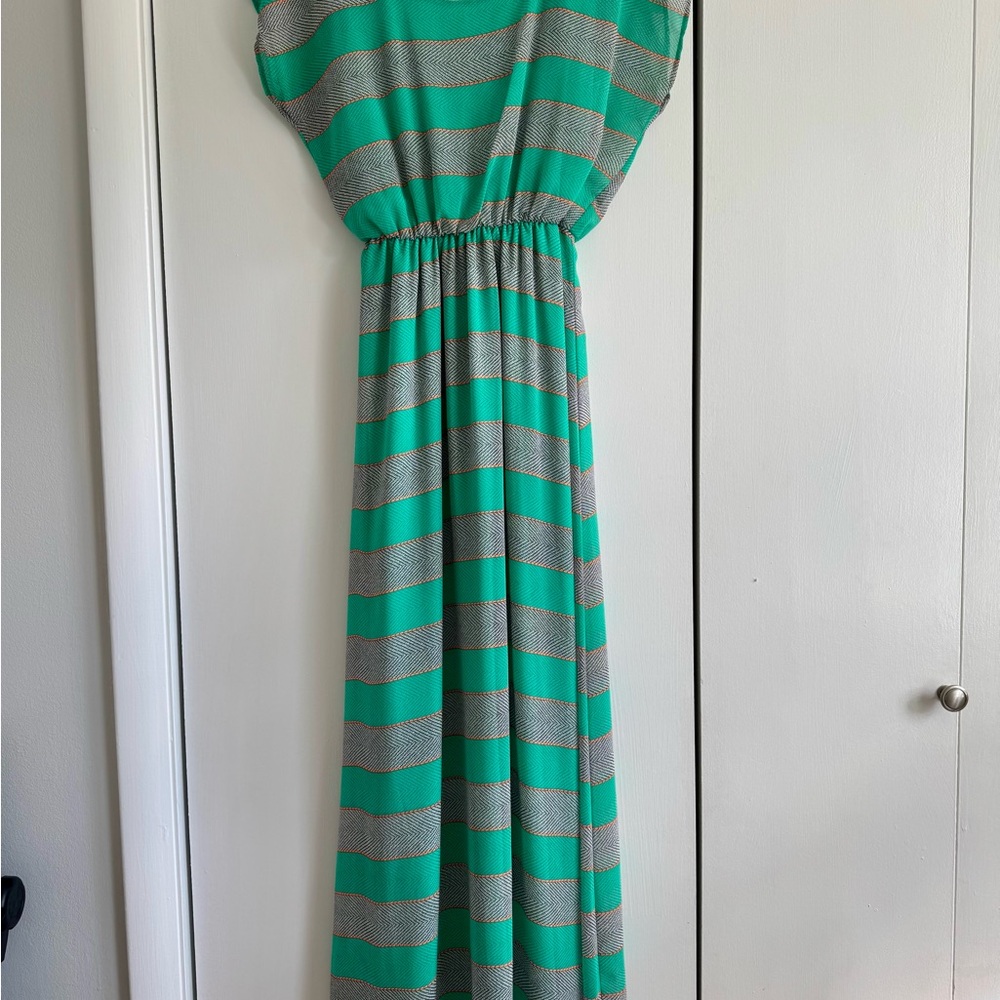 Summer Green and Gray Striped Maxi Dress